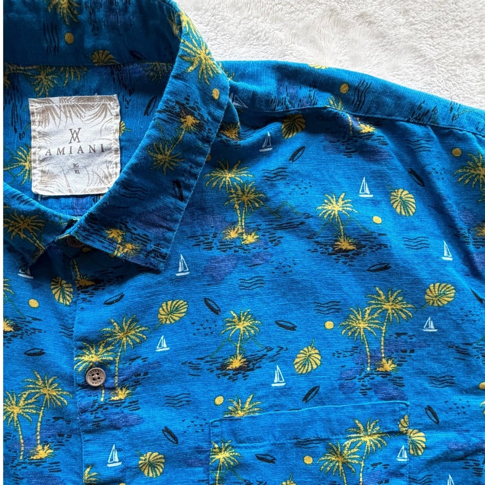 Amiani Blue Tropical Palm Tree Sailboat Button Down Shirt Mens XL Excellent